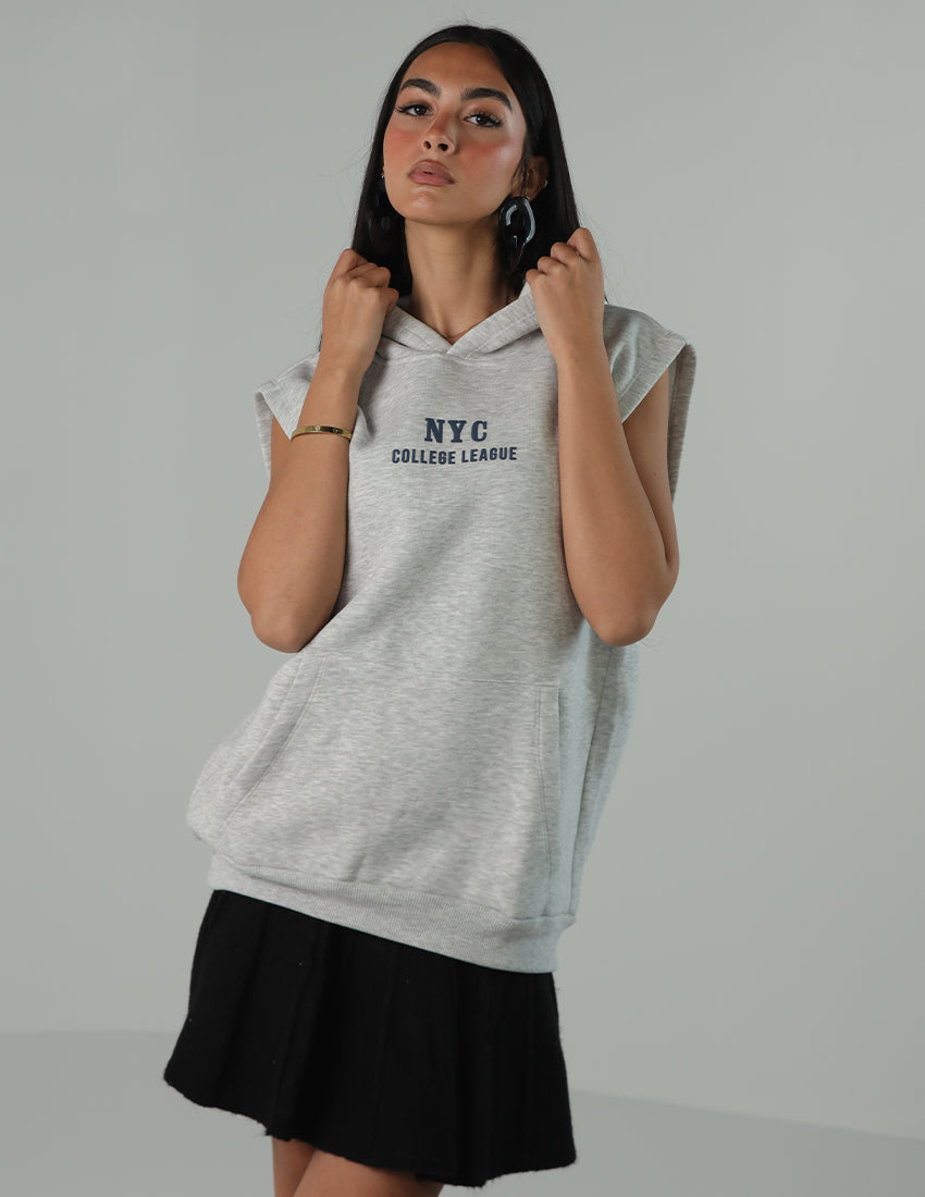 Grey Cotton Sleeveless Hoodie with "NYC" Print