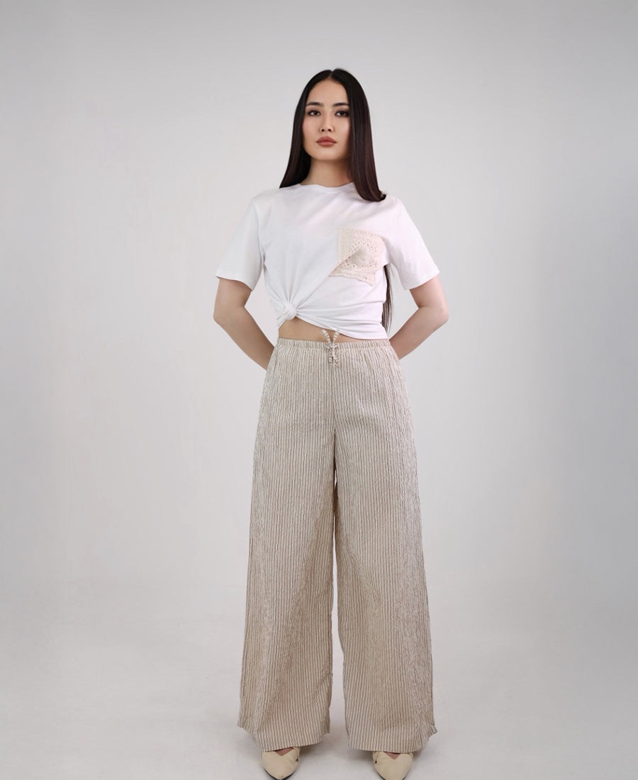 Wide leg pants with elastic waistband, striped beige and off-white