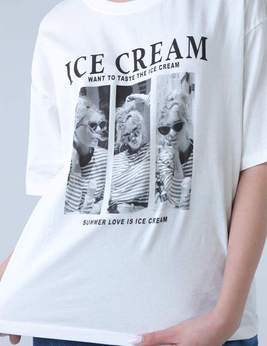 T-shirt printed with three pictures of girls with the word 'ICE CREAM'