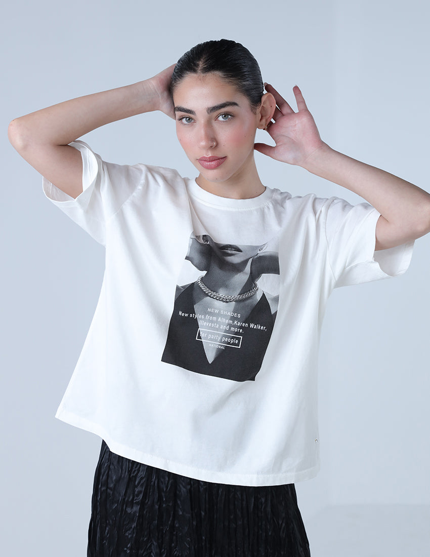 T-shirt with a print of a girl with words.
