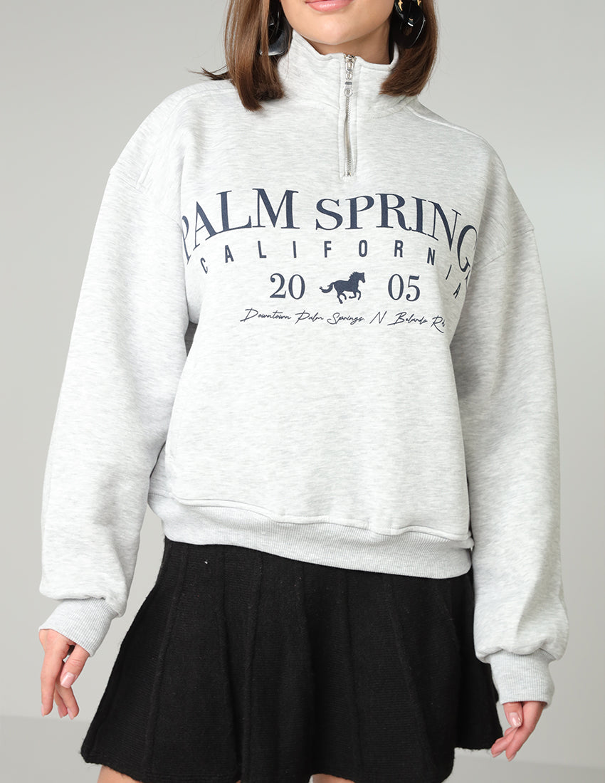 High Neck Half-Zip Sweatshirt with Horse Print and "Palm Springs"