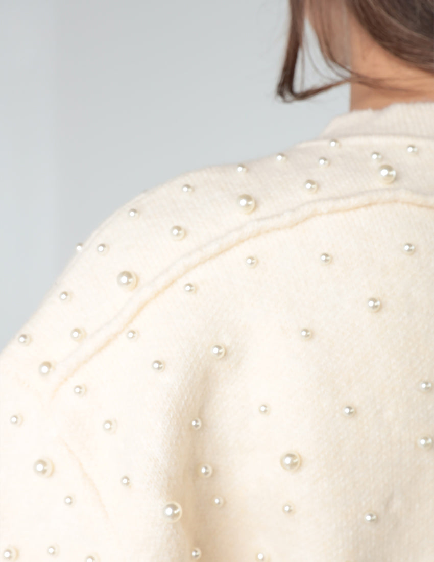 Cardigan with Synthetic Pearl Details and Zipper