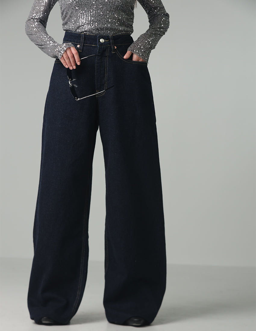 Wide-Legged Navy Blue Denim