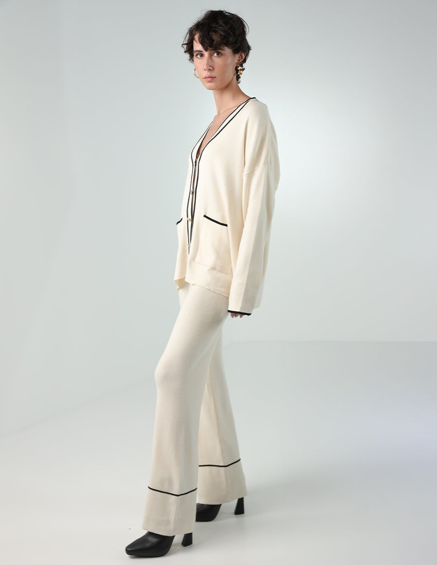 Tricot Two-Piece Set: Cardigan Buttoned with Straight Pants
