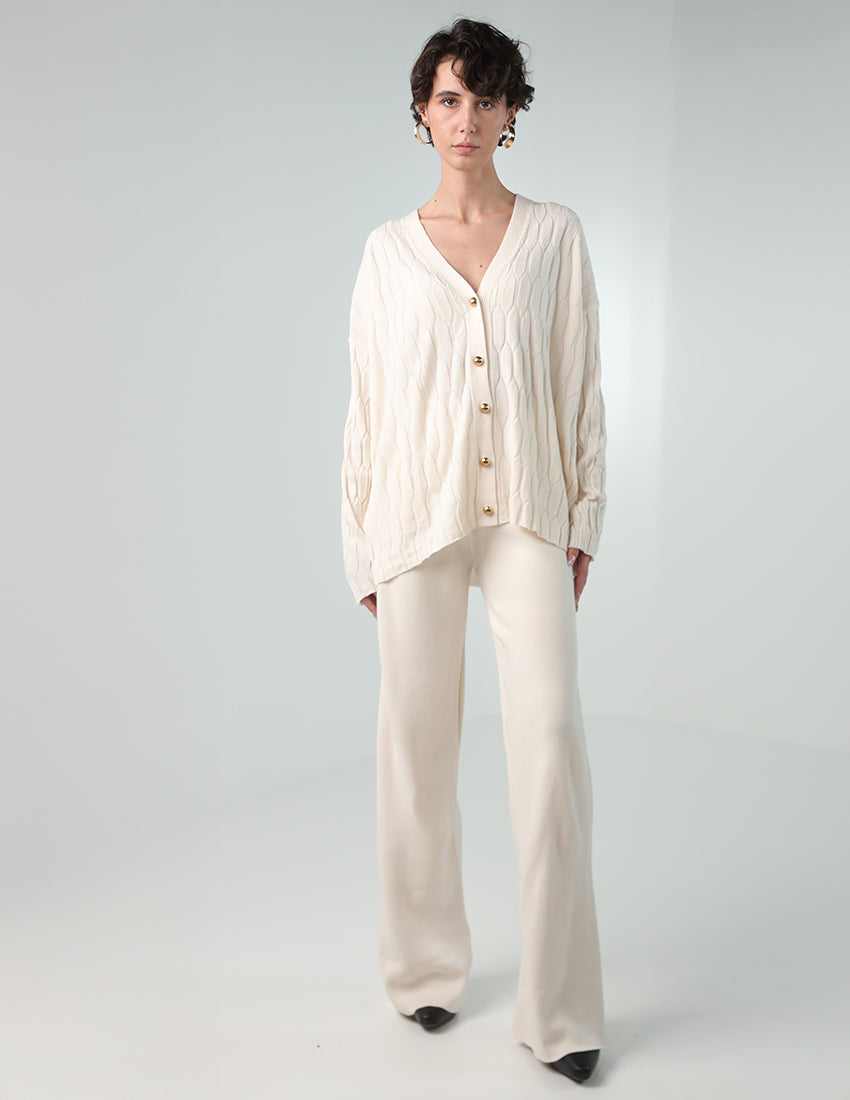 Tricot Two-Piece Set: Cardigan with V Neckline and Straight Pants