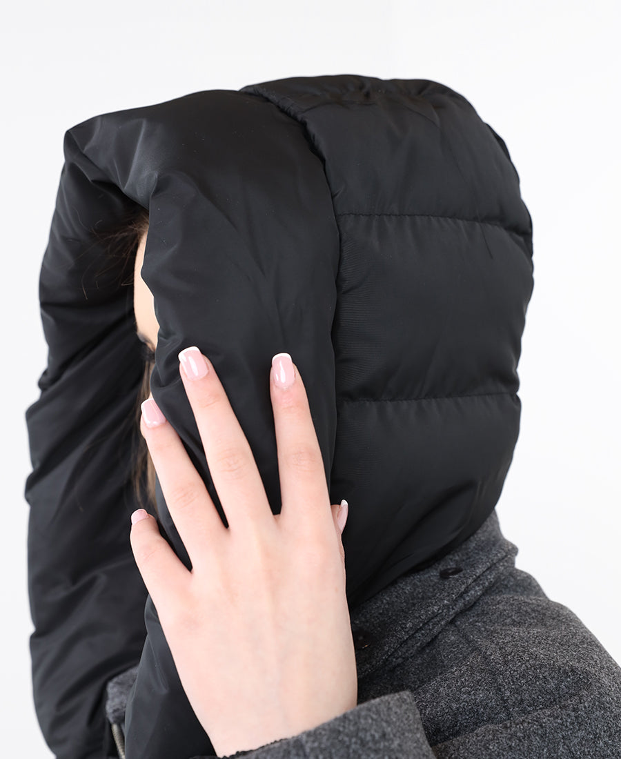 Wool jacket with a puffer hat