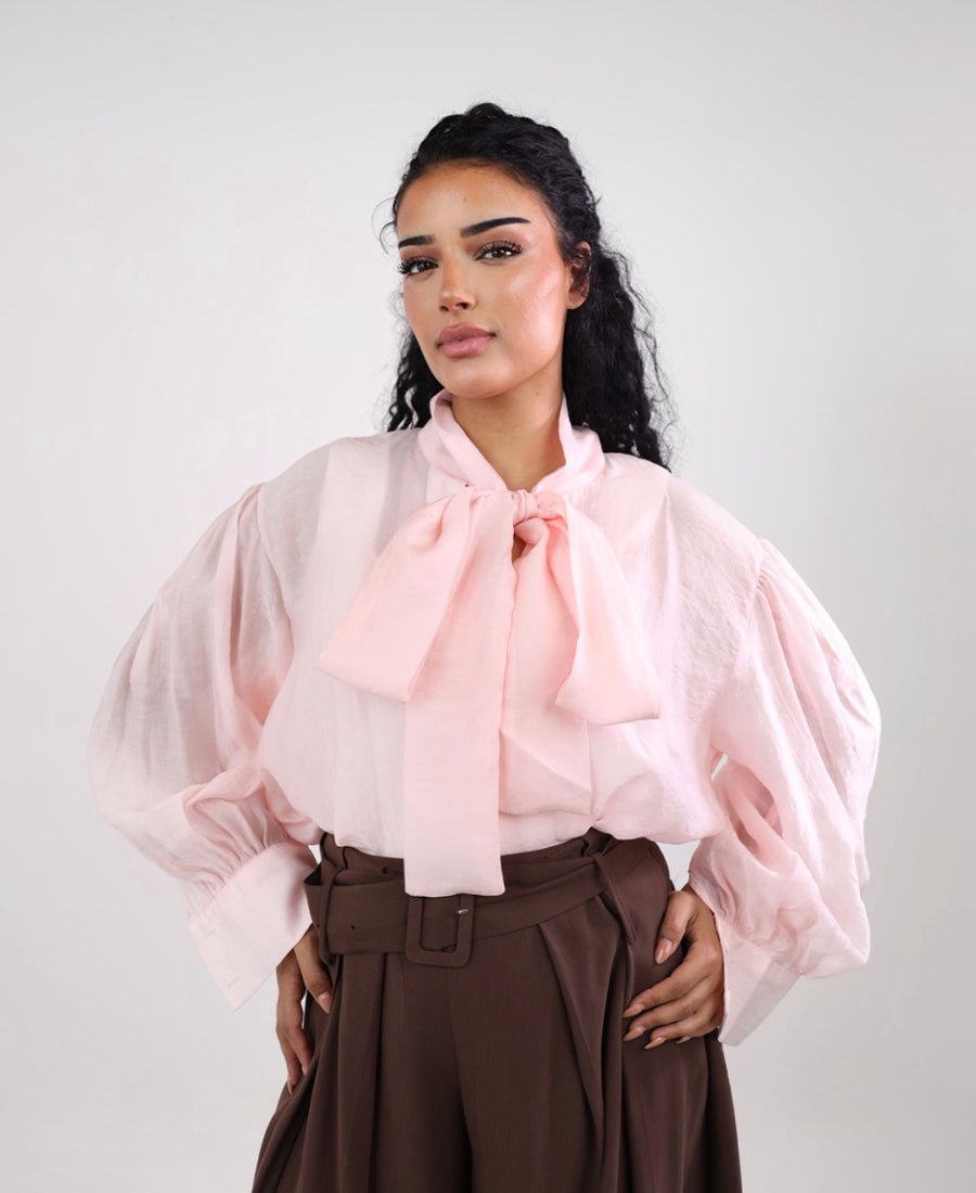 Pink chiffon tie neck blouse