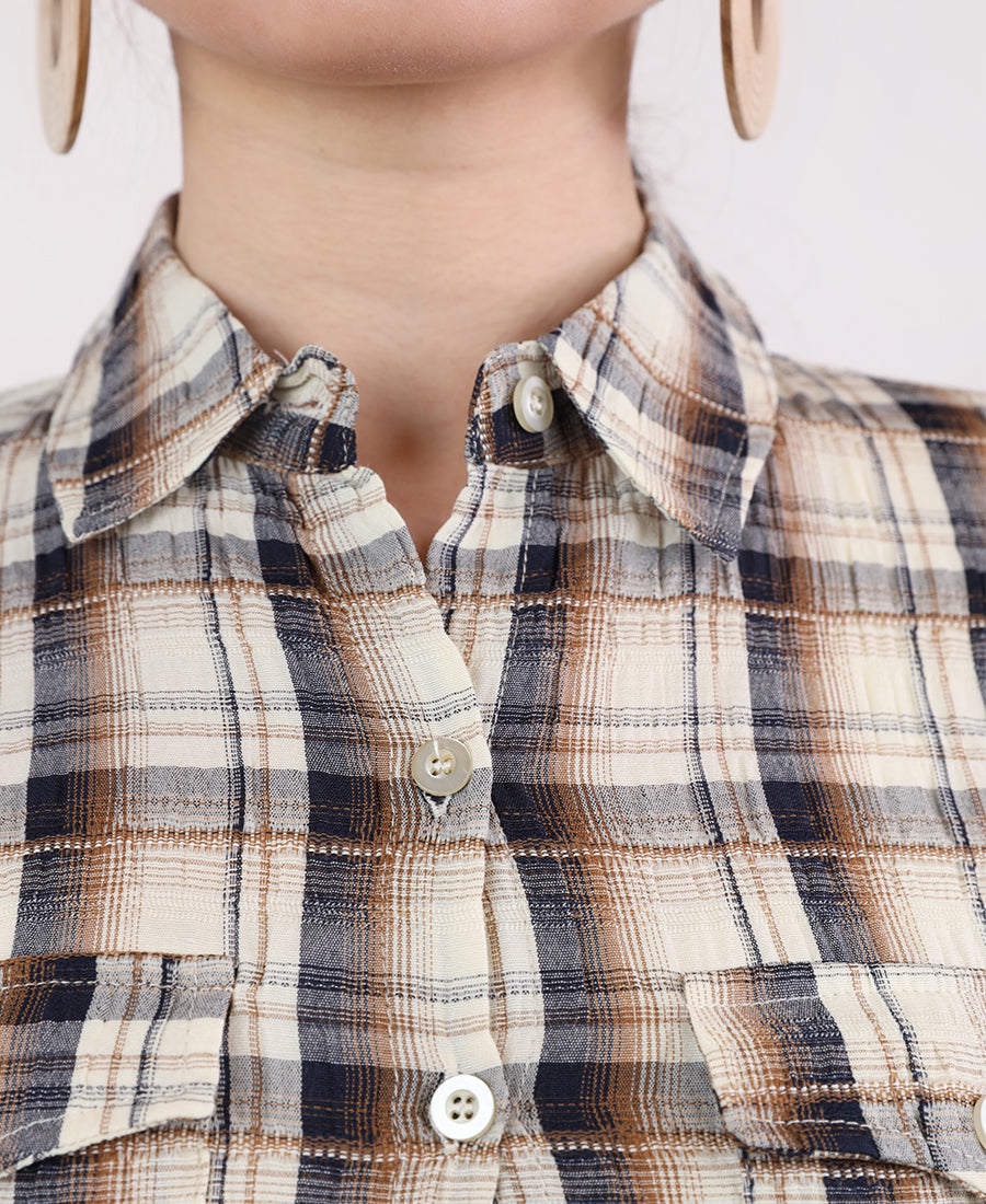 Long shirt dress with a checkered print, off-white