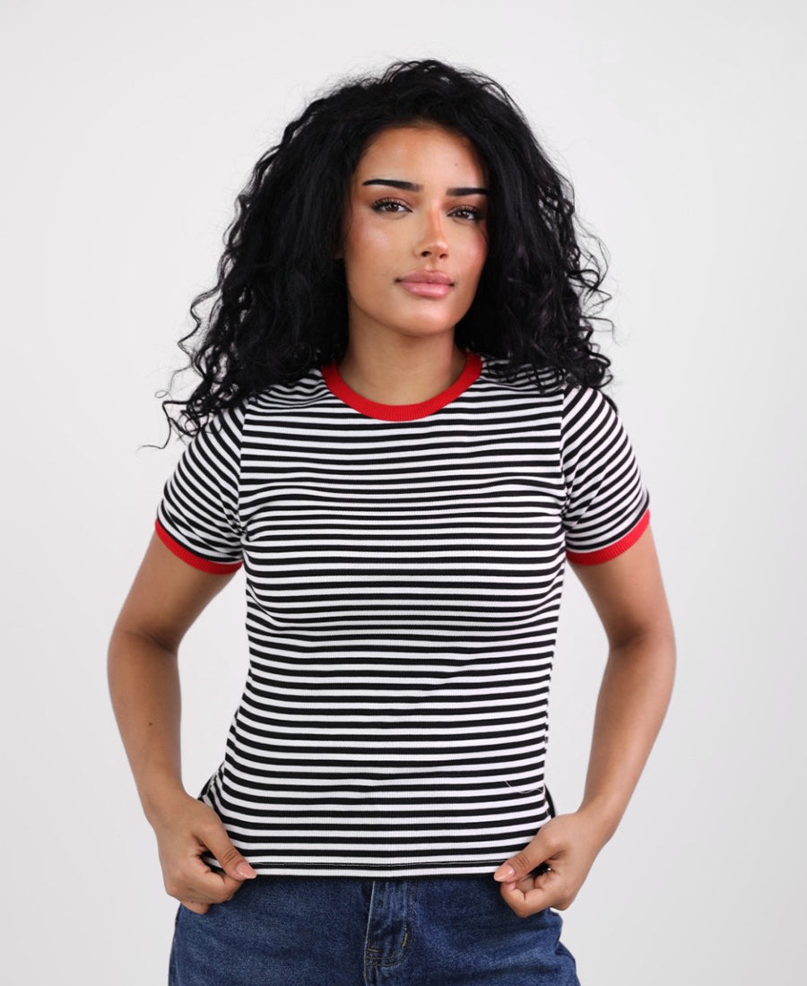 Black and white striped T-shirt with red trim