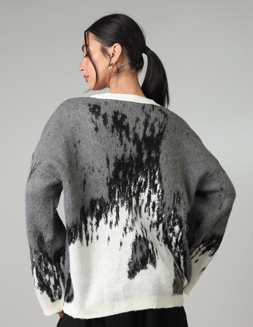Tricot Top in Abstract Grey and White - Crew Neckline