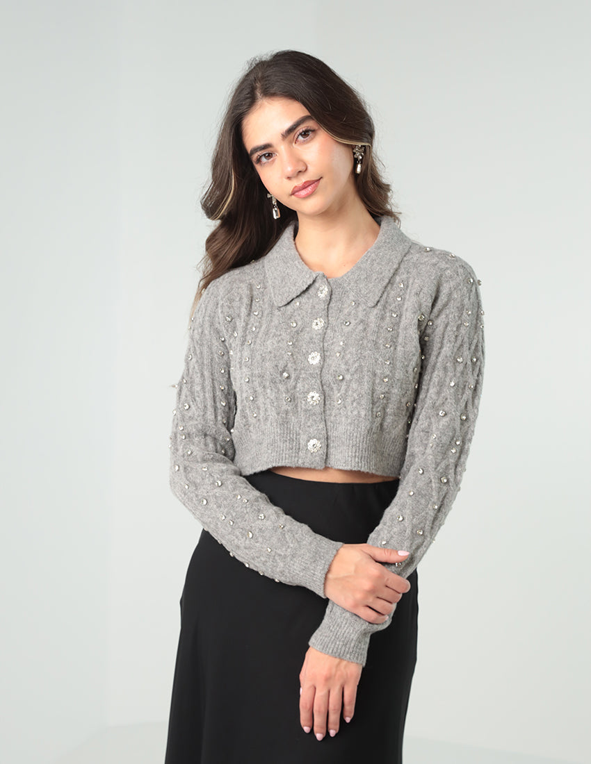 Cropped Cardigan with Strass Details