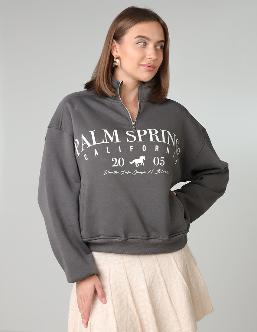 High Neck Half-Zip Sweatshirt with Horse Print and "Palm Springs"