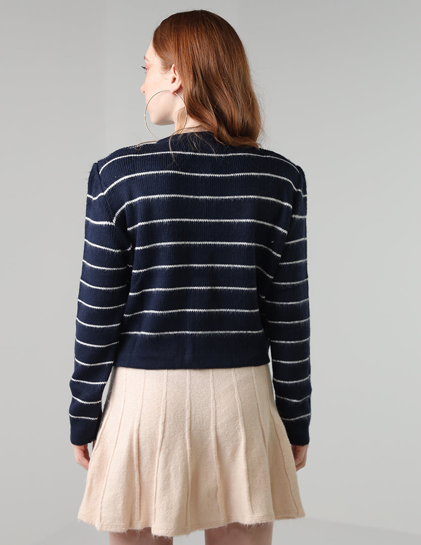 كارديجان مخطط أزرق داكن مع أزرار للإغلاق وفتحة رقبة دائرية