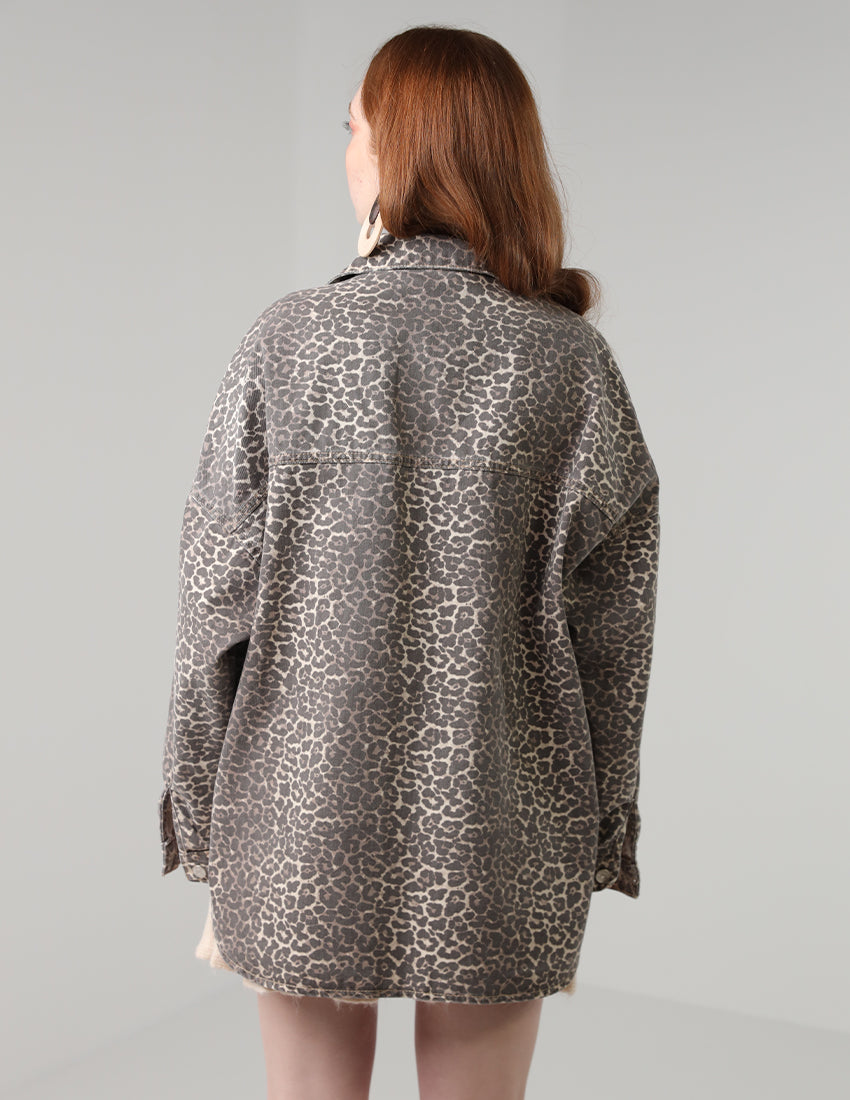 Long Denim Jacket - Leopard Print
