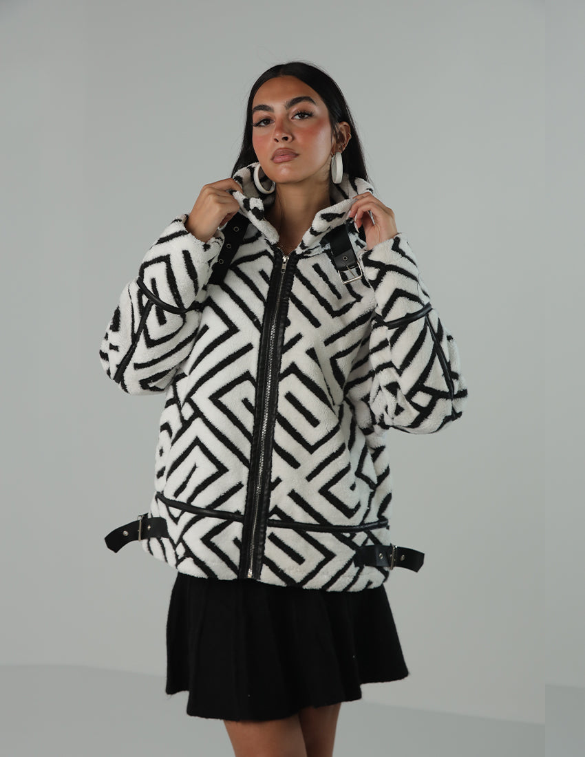 Geometric Fur Jacket with High Neck and Zipper