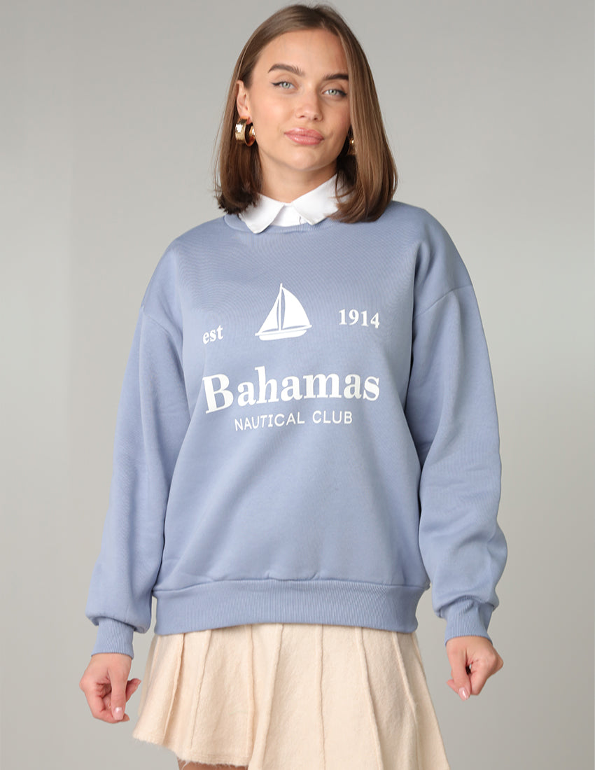 سويت شيرت أزرق بفتحة رقبة دائرية ورسومات نادي جزر البهاما البحرية