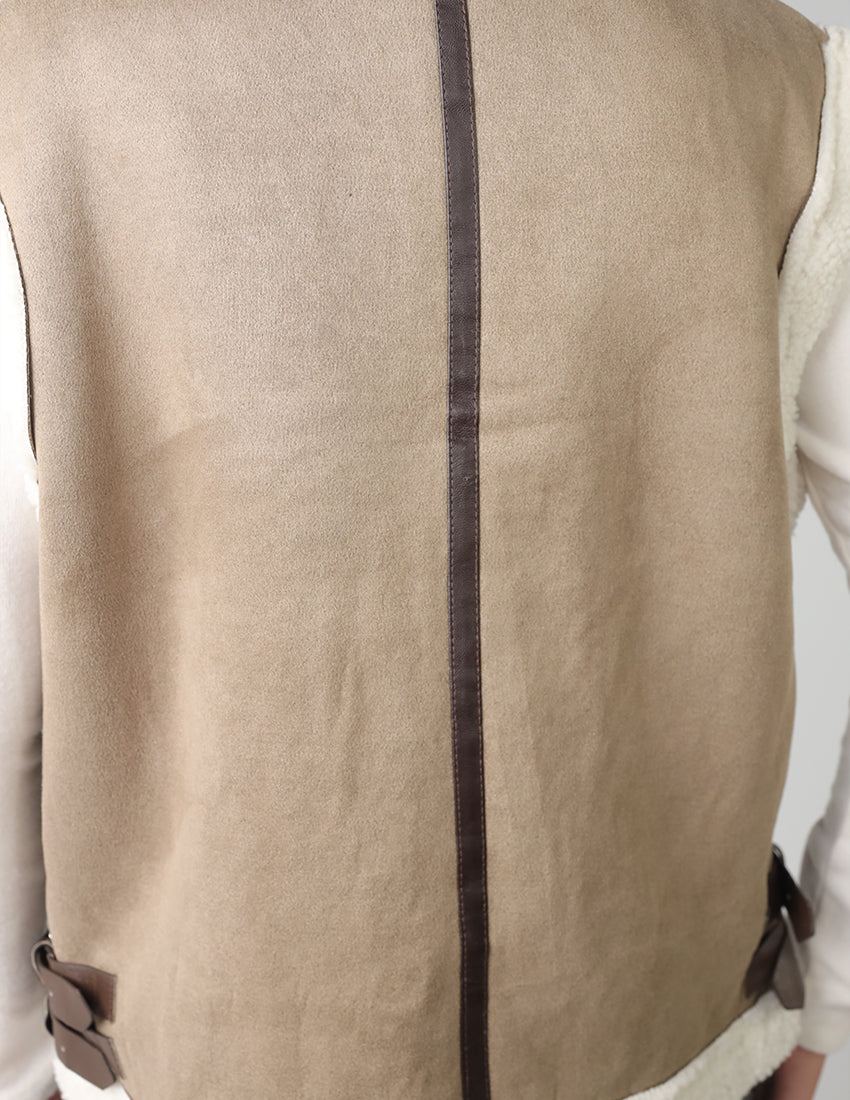 Wool-Lined Vest with Waist Belt and Zipper