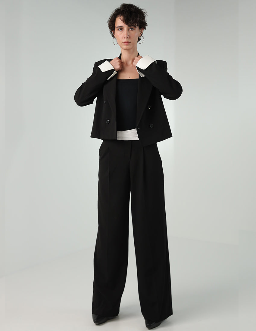 Formal Suit with Double-Breasted Blazer and Wide-Legged Pants
