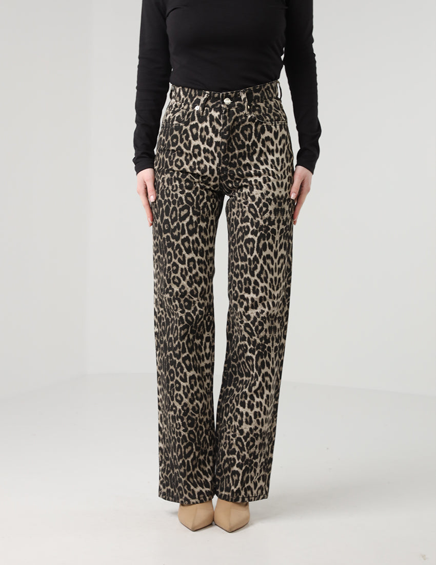 Leopard Print High-Waist Straight Denim Pants