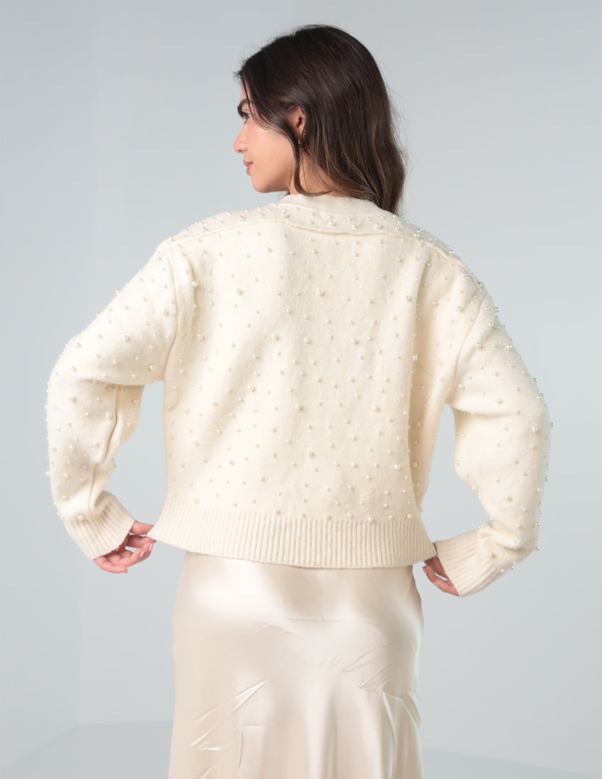 Cardigan with Synthetic Pearl Details and Zipper