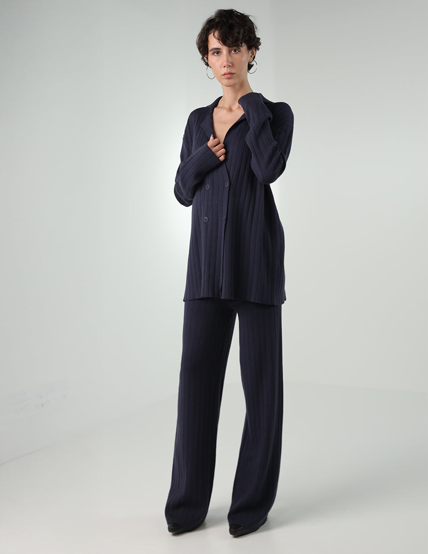 Tricot Two-Piece Set: Double-Breasted Cardigan with Straight Pants