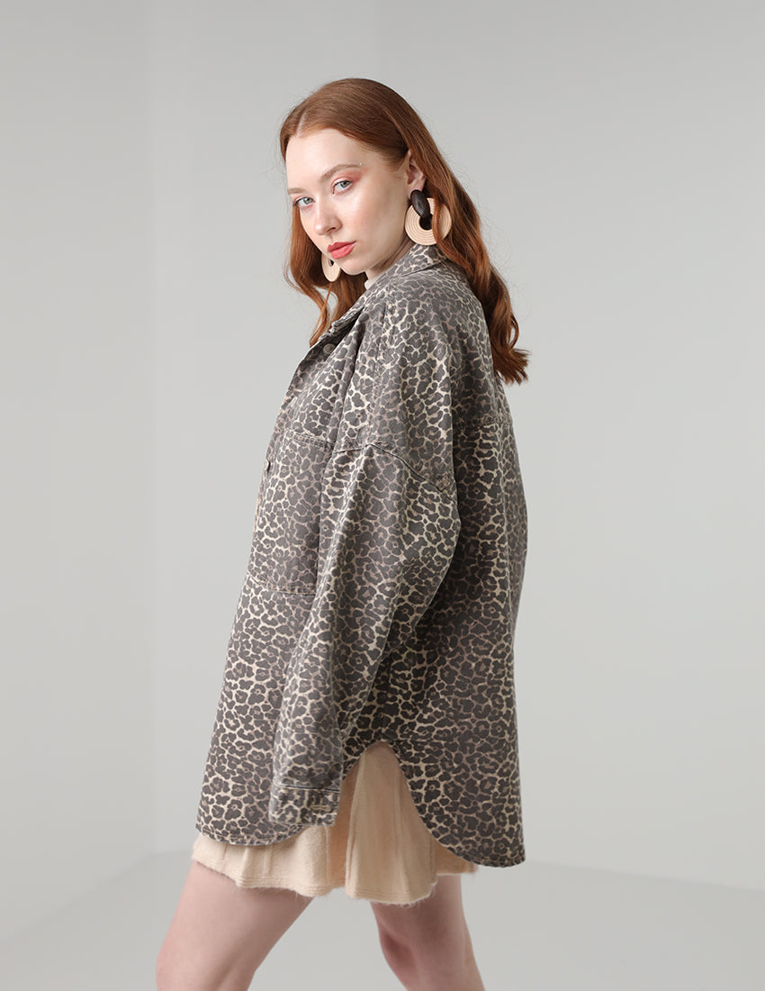 Long Denim Jacket - Leopard Print