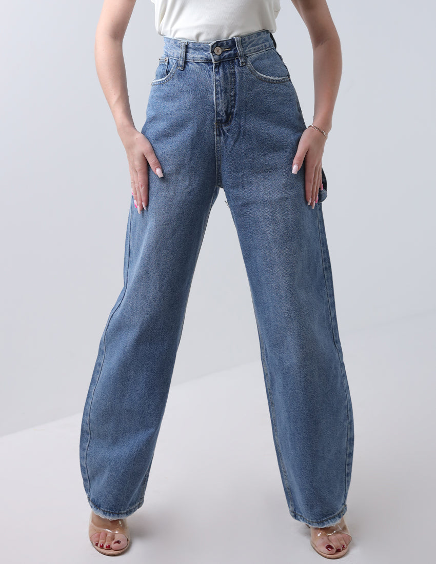 High-waisted baggy blue jeans with side embellishments