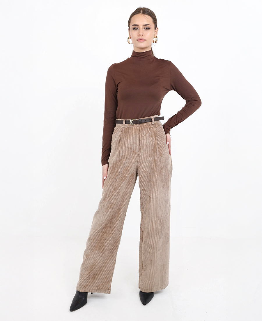 Beige ribbed trousers with a belted waist