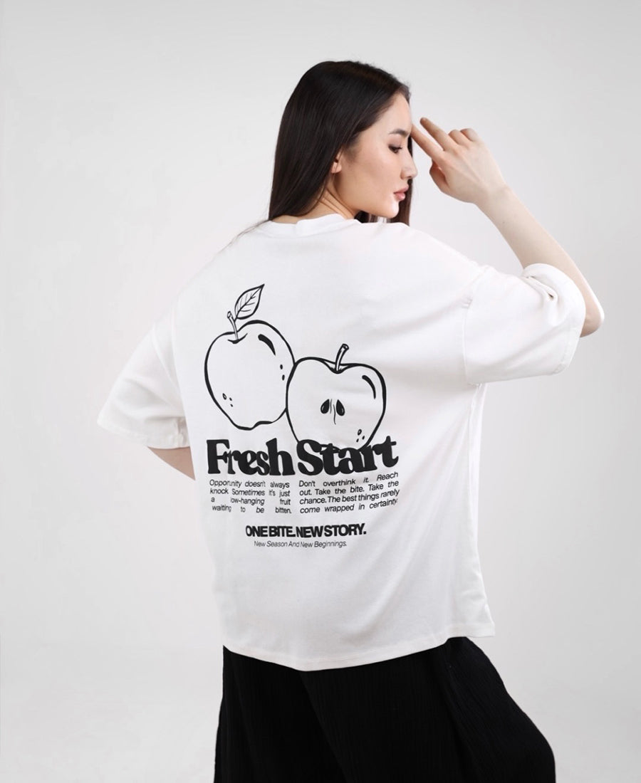 Oversized white t-shirt with an apple design on the front and back