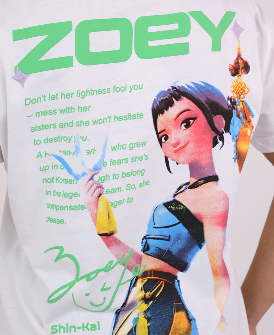 T-shirt with an anime drawing on the back and the words "ZOEY"