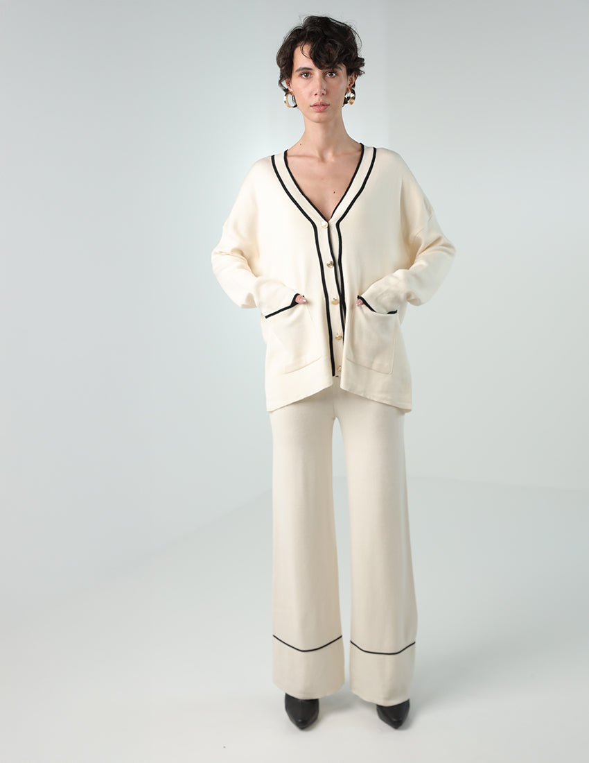 Tricot Two-Piece Set: Cardigan Buttoned with Straight Pants