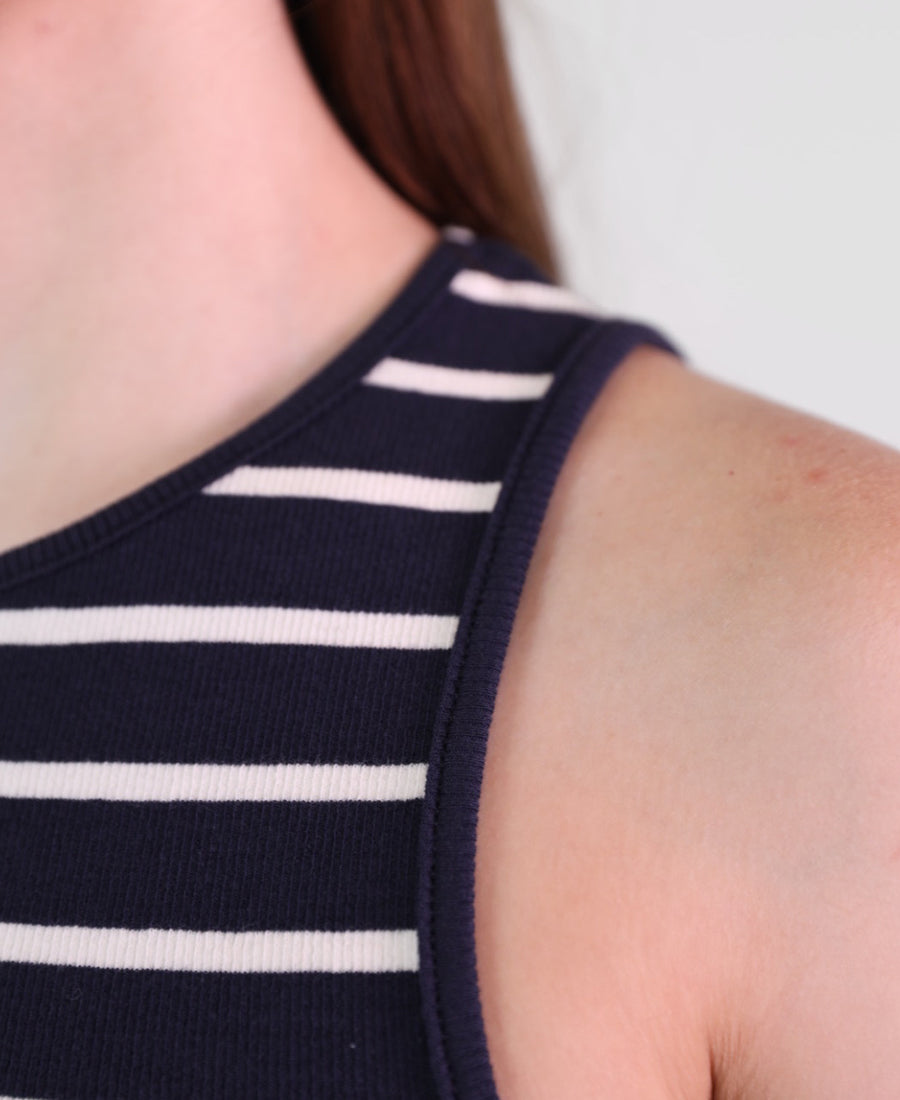 Long sleeveless dress navy blue striped at the top