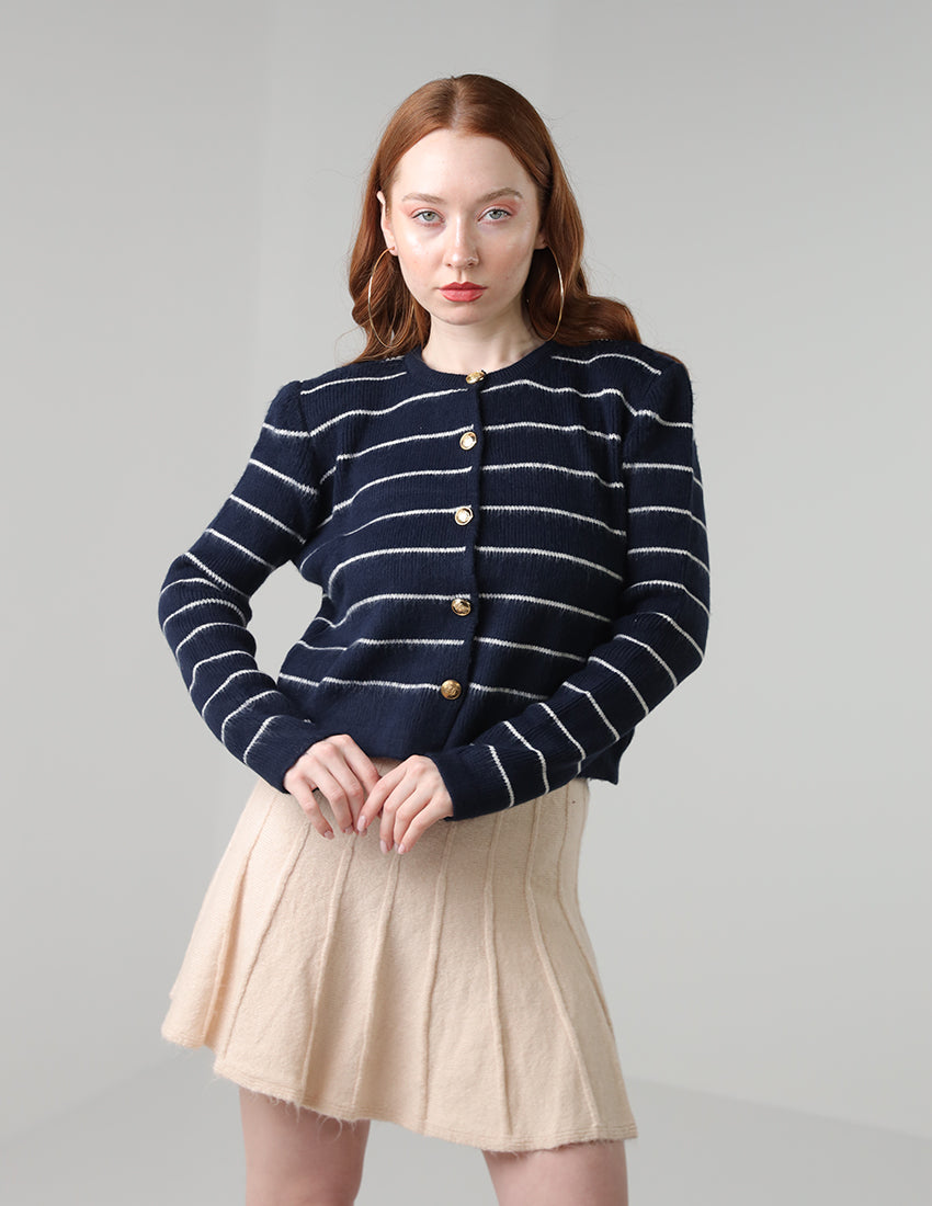 Navy Blue Striped Cardigan with Button Closure and Crew Neckline