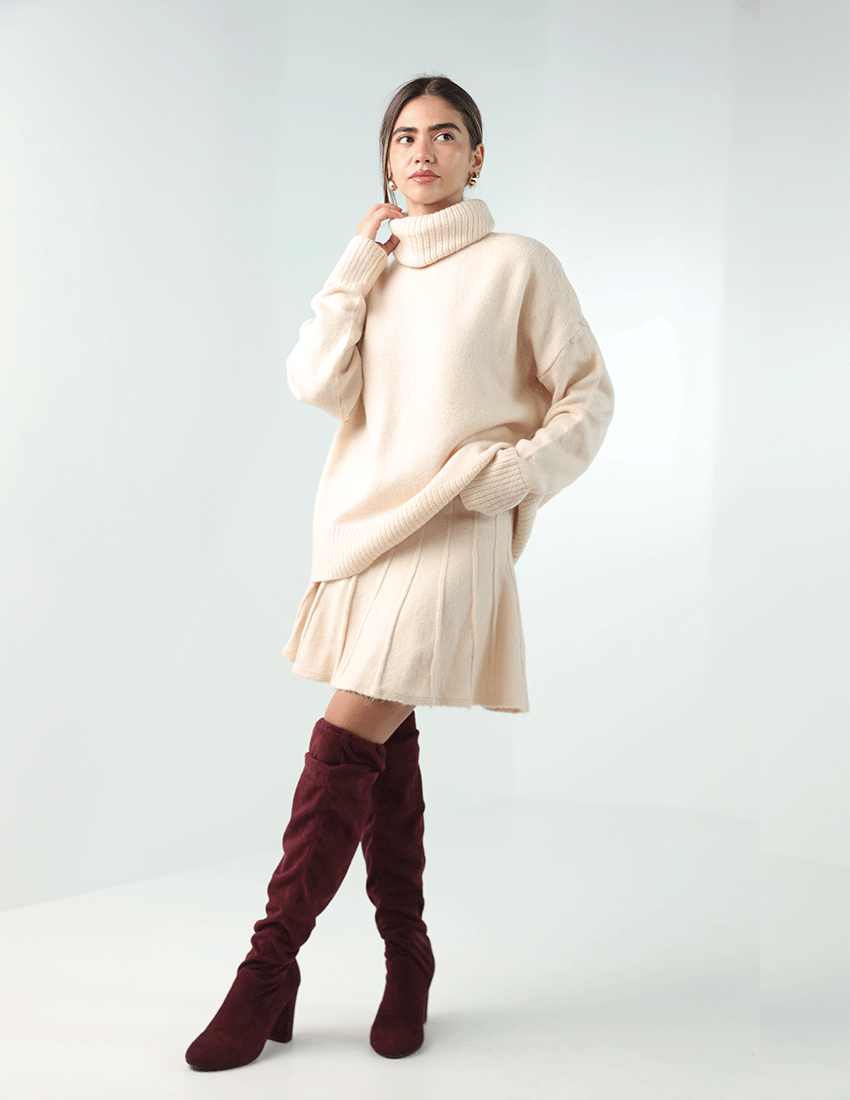 Two-Piece Set: Tricot Turtleneck Top and Flare Short Skirt