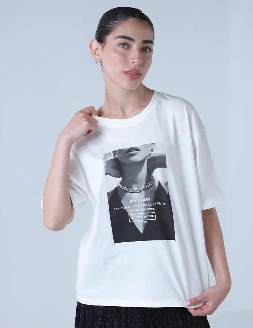 T-shirt with a print of a girl with words.