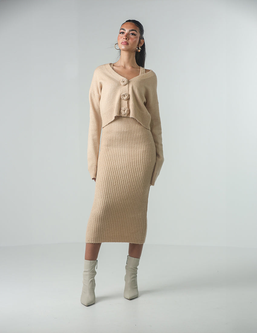 Tricot Set: Dress and Cropped Buttoned Cardigan