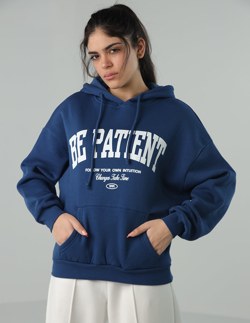 Blue Cotton Hoodie with "Be Patient" Print