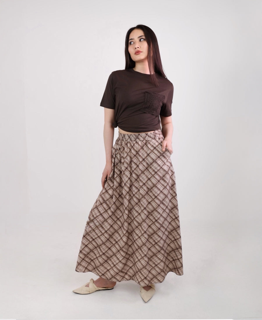 Long brown-beige check skirt