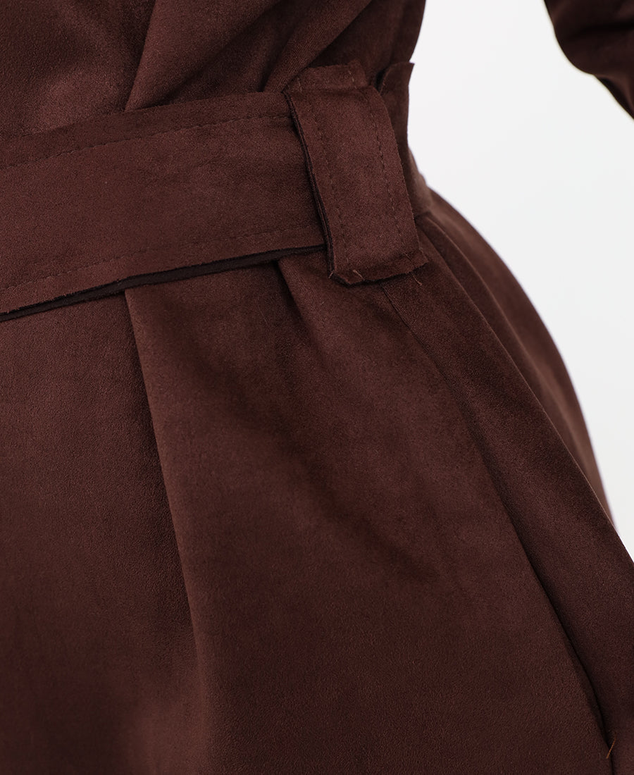 Long suede jacket with waist tie