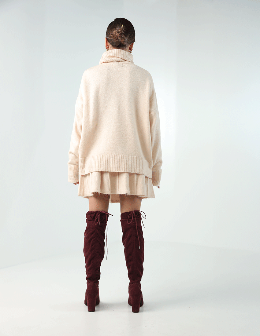 Two-Piece Set: Tricot Turtleneck Top and Flare Short Skirt
