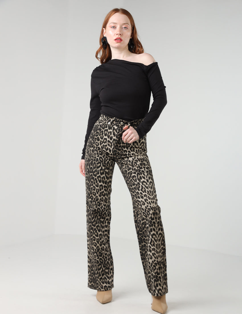 Leopard Print High-Waist Straight Denim Pants