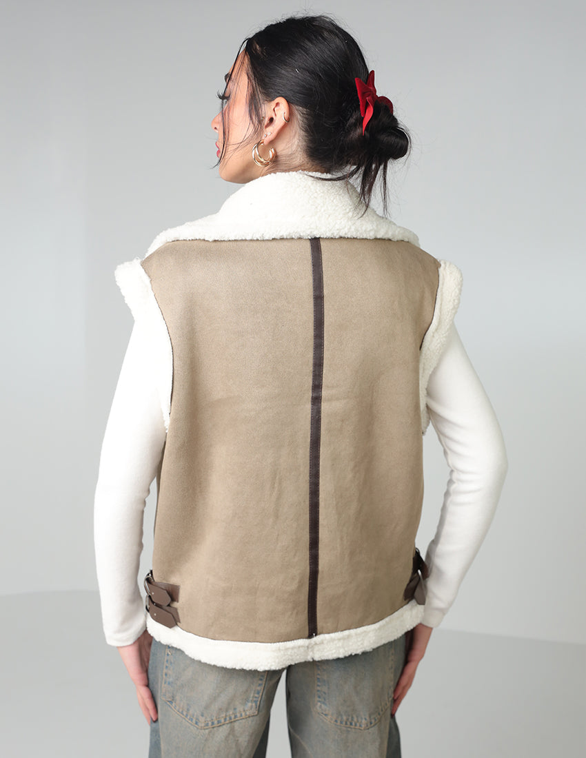 Wool-Lined Vest with Waist Belt and Zipper