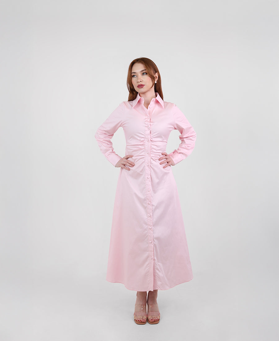 Long dress with a ruffled waist and buttons