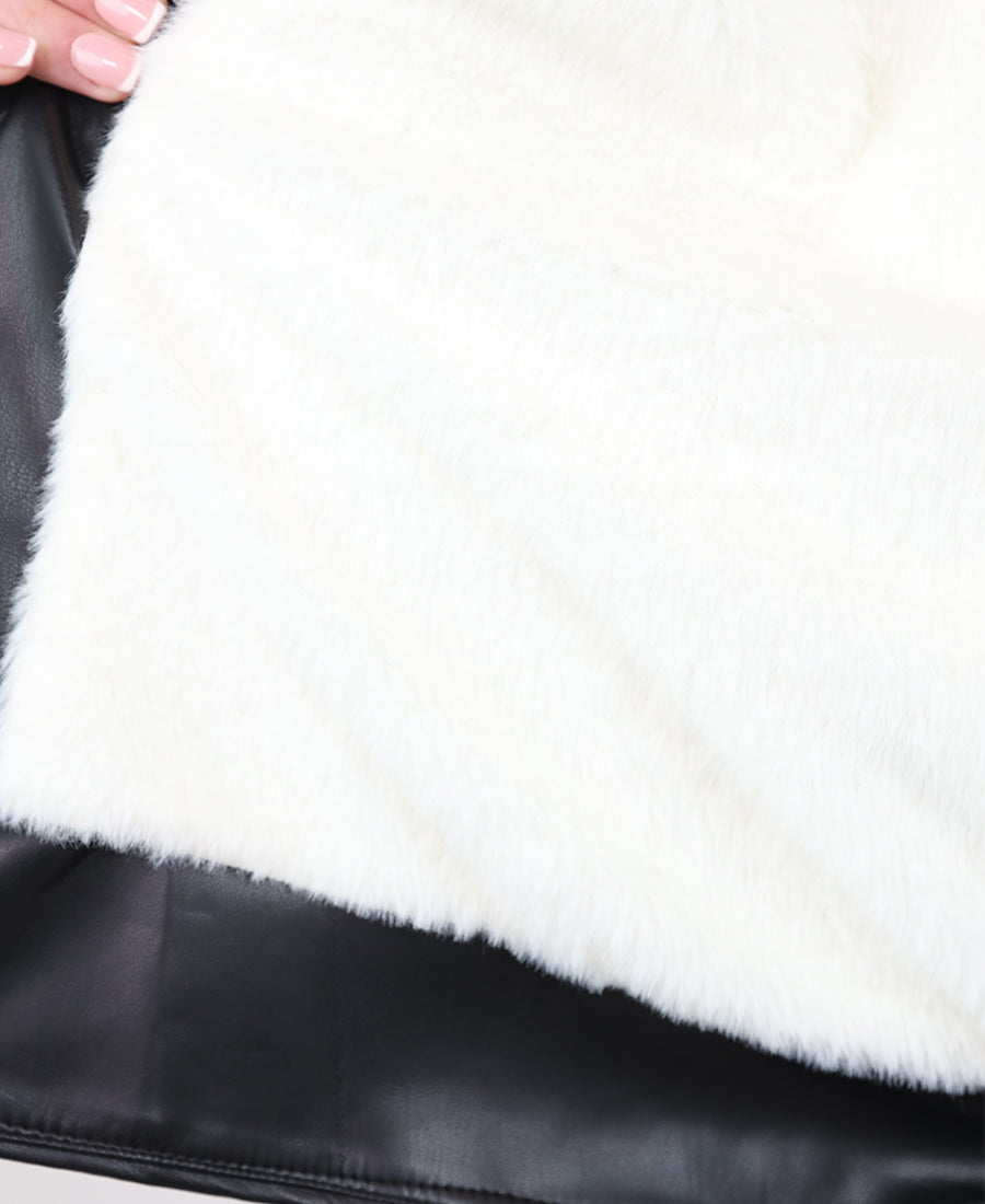 Black leather jacket with white fur