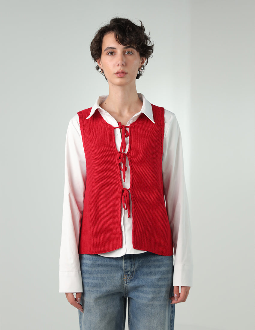 Tricot Tank Top with Triple Front Ties and Crew Neckline
