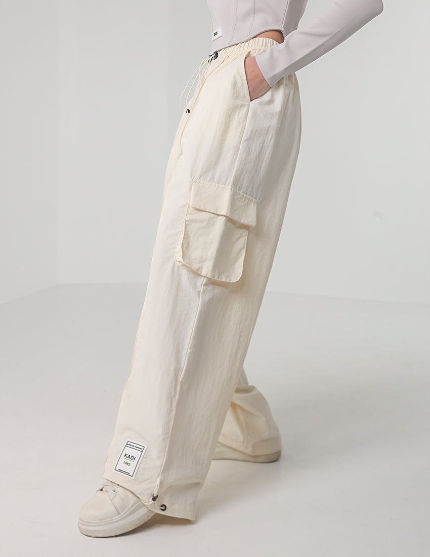 Wide-Leg Cargo Pants with Drawstring