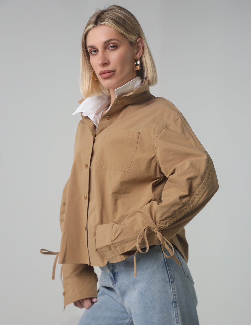 Cropped Button-Up Shirt with Tie Cuffs