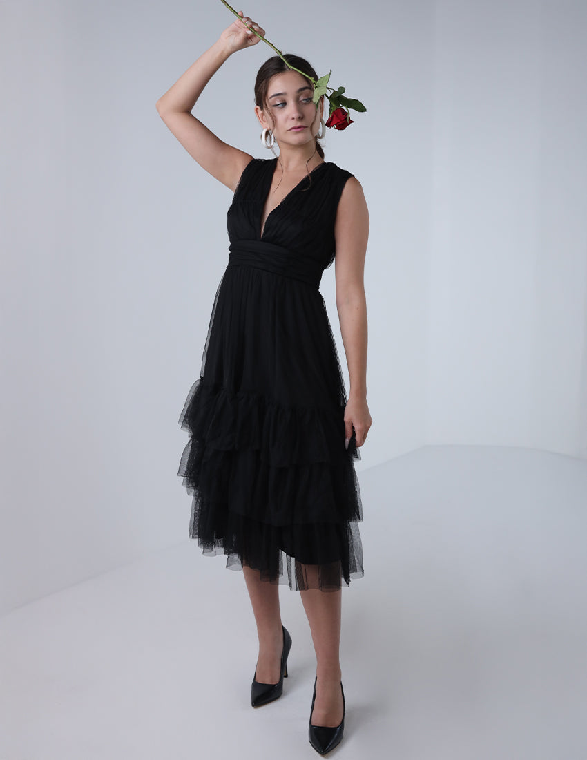 Chiffon layered dress midi-length