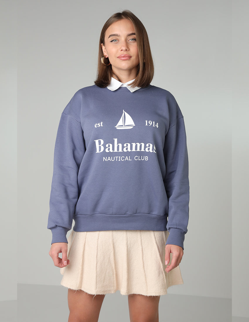 سويت شيرت أزرق بفتحة رقبة دائرية ورسومات نادي جزر البهاما البحرية