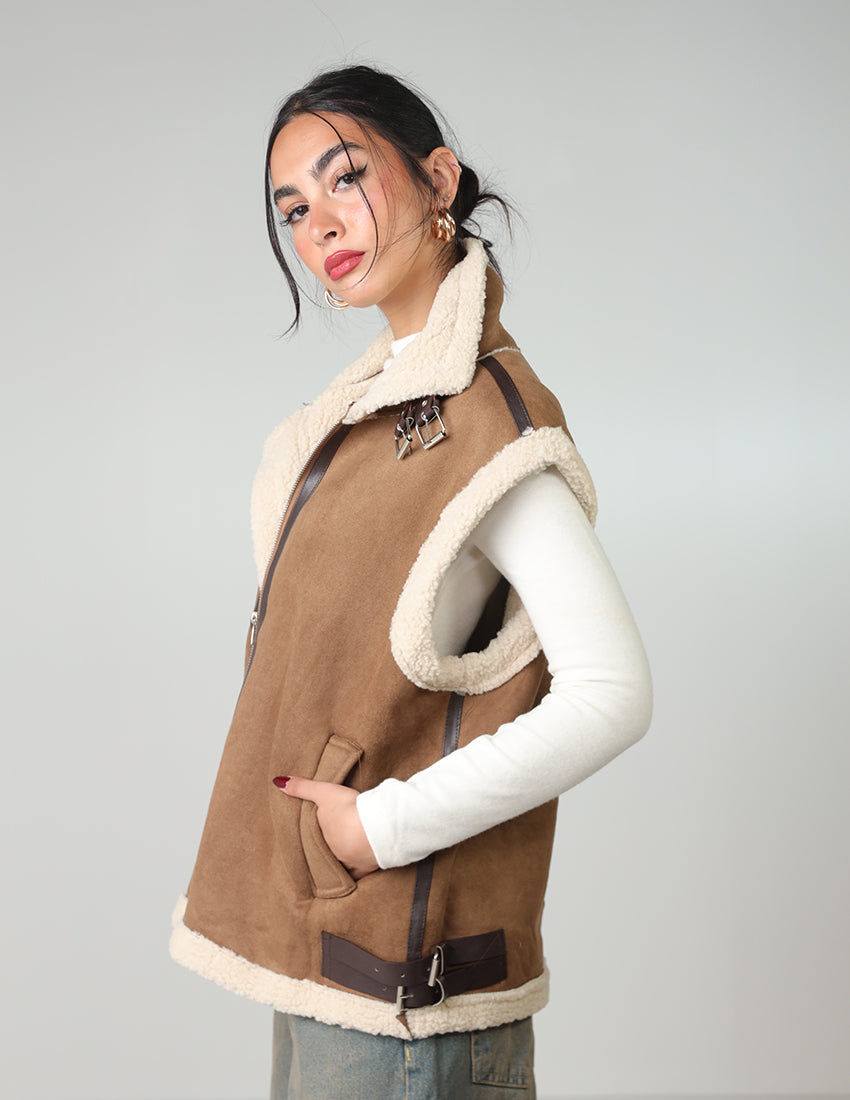 Wool-Lined Vest with Waist Belt and Zipper